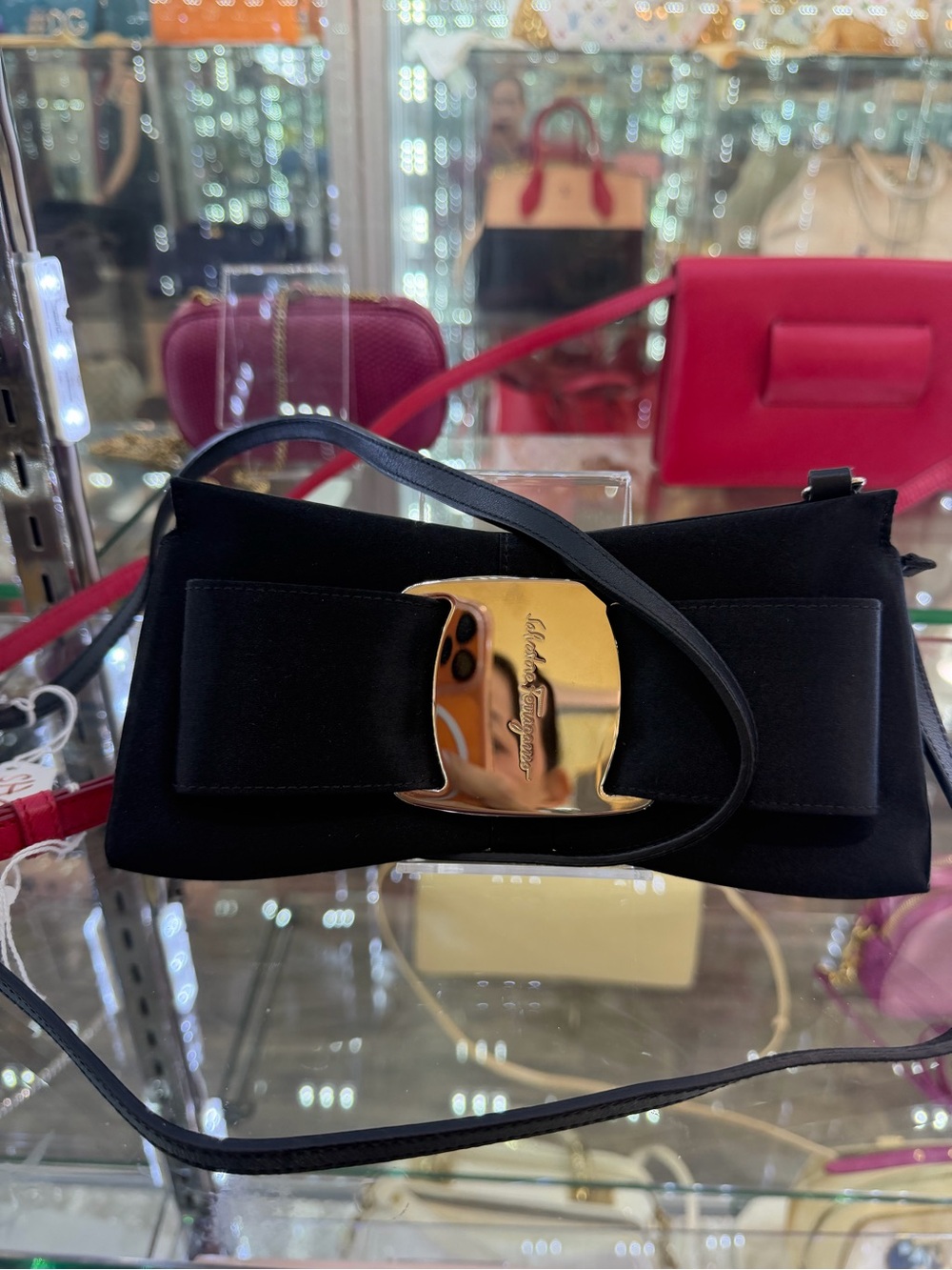 Salvatore Ferragamo Black Bow Crossbody with Gold Plaque